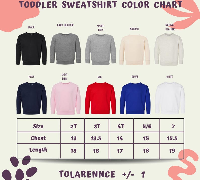 The image is a color chart for toddler sweatshirts, displaying various color options and corresponding sizes for different age groups.