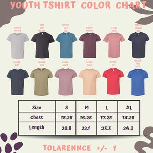 a youth t-shirt color chart with various t-shirt designs and sizes, along with a table providing size and length measurements.
