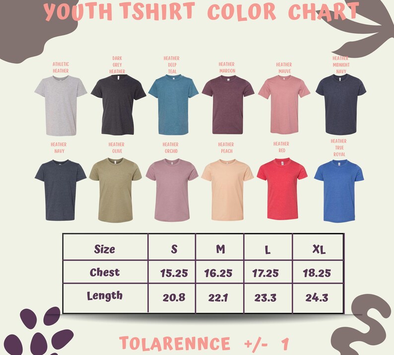a youth t-shirt color chart with various t-shirt designs and sizes, along with a table providing size and length measurements.