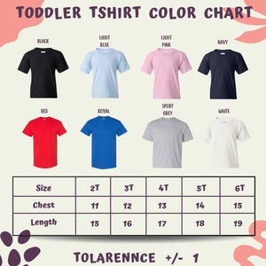 The image is a color chart for toddler t-shirts, displaying different color options and corresponding sizes.