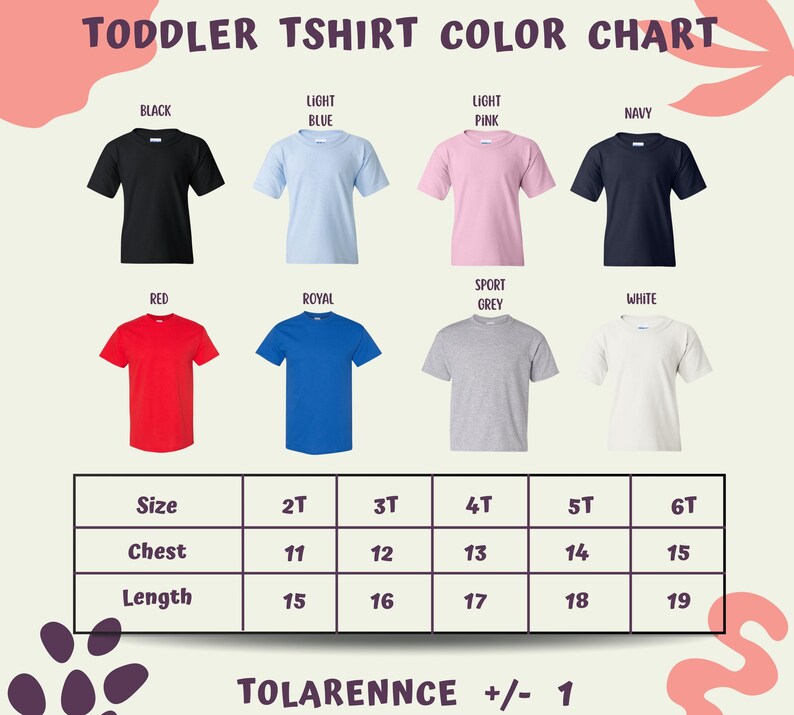 The image is a color chart for toddler t-shirts, displaying different color options and corresponding sizes.