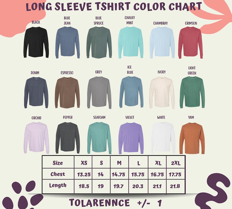The image is a color chart for long sleeve t-shirts, displaying various color options and corresponding sizes.