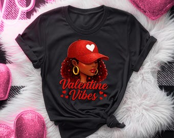 Afro American Girl Valentine Vibes T-Shirts, Afro Hair, Love Heart T-Shirts, Black Girl Magic Valentine Day Gifts, Red Cap Valentine Tee