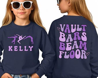 Personalized Name Gymnastics Vault Floor Bars Beam Sweatshirt, Custom Girls Gymnast Sweatshirt - Hoodie Gift for Gymnast,Youth & Adult Sizes