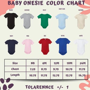The image is a color chart for baby onesies, displaying various color options and corresponding sizes.