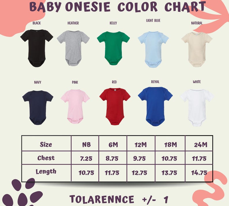The image is a color chart for baby onesies, displaying various color options and corresponding sizes.