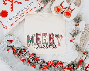 Comfort Colors Merry Christmas Tshirt, Christmas Xmas Shirt, Christmas Check Patterns Tee, Womens Holiday Tee, Christmas Season, Santa Tee