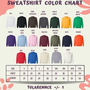 The image is a color chart for sweatshirts, displaying various color options and corresponding sizes.