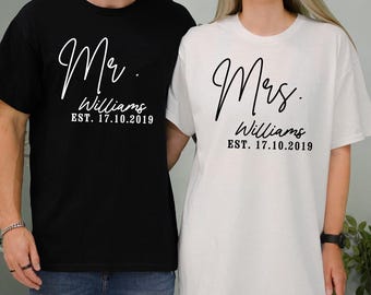 Mr Mrs Est. Personalized Name & Date TShirt, Wife and Husband Shirts, Honeymoon Shirt, New Wife Tee, Custom Couple Tee