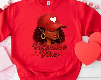 Afro American Girl Valentine Vibes Sweatshirt, Afro Hair, Love Heart Hoodie, Black Girl Magic Valentine Day Gifts, Red Cap Valentine Sweater