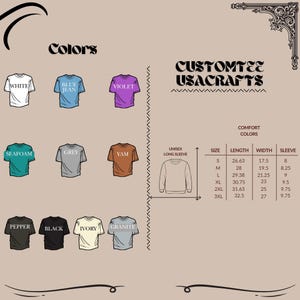 Op de afbeelding: Een afbeelding met verschillende t-shirtkleuren: wit, spijkerbroekblauw, violet, zeegroen, grijs, yam, peper, zwart, ivoor en graniet. Er is ook een maattabel voor unisex shirts met lange mouwen, met afmetingen in cm.