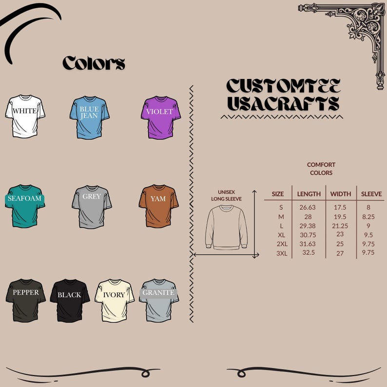 Op de afbeelding: Een afbeelding met verschillende t-shirtkleuren: wit, spijkerbroekblauw, violet, zeegroen, grijs, yam, peper, zwart, ivoor en graniet. Er is ook een maattabel voor unisex shirts met lange mouwen, met afmetingen in cm.