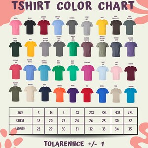 The image is a color chart displaying various t-shirt colors and sizes, along with a table of corresponding size and length measurements.