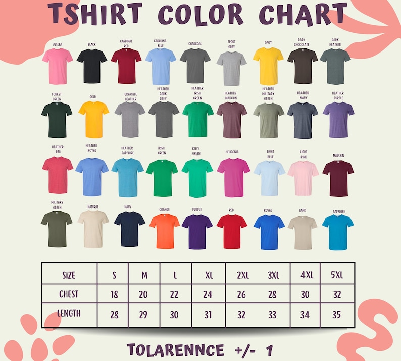 The image is a color chart displaying various t-shirt colors and sizes, along with a table of corresponding size and length measurements.