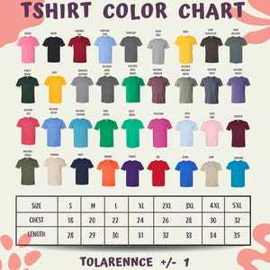 The image is a color chart displaying various t-shirt colors and sizes, along with a table of corresponding size and length measurements.