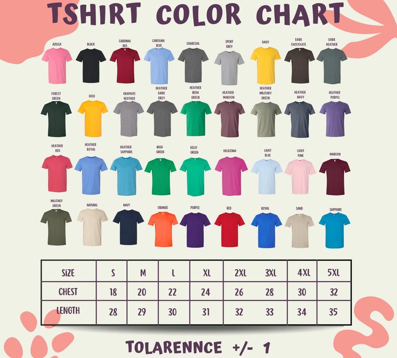 The image is a color chart displaying various t-shirt colors and sizes, along with a table of corresponding size and length measurements.