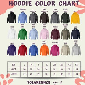 The image is a color chart for hoodies, displaying various colors and sizes.