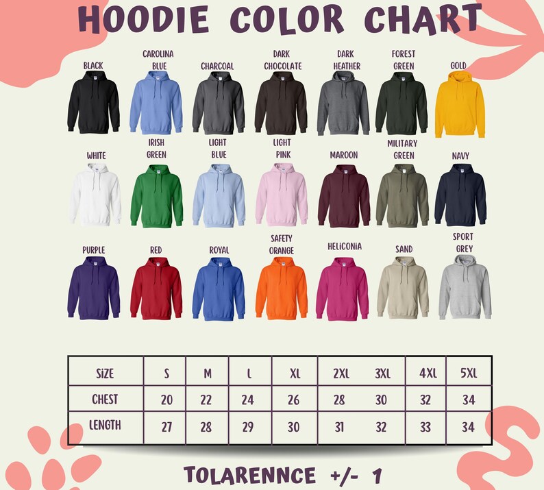 The image is a color chart for hoodies, displaying various colors and sizes.