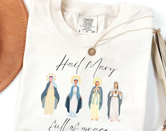 Blessed Virgin Mary Comfort Colors Shirts Hail Mary Full Of Grace T-shirt Catholic Gift For Women Female Saint Shirt Bible Verse Shirt