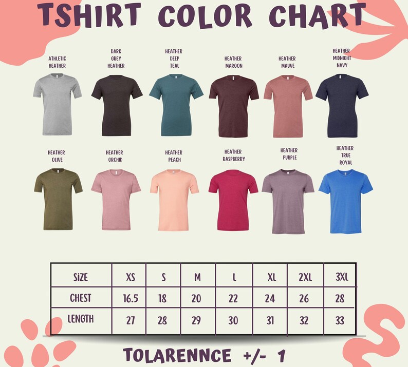The image is a T-shirt color chart displaying various T-shirt designs in different colors, along with their corresponding sizes and necklines.