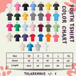 The image is a colorful t-shirt chart displaying various t-shirt designs and sizes, along with a table of size and length measurements.