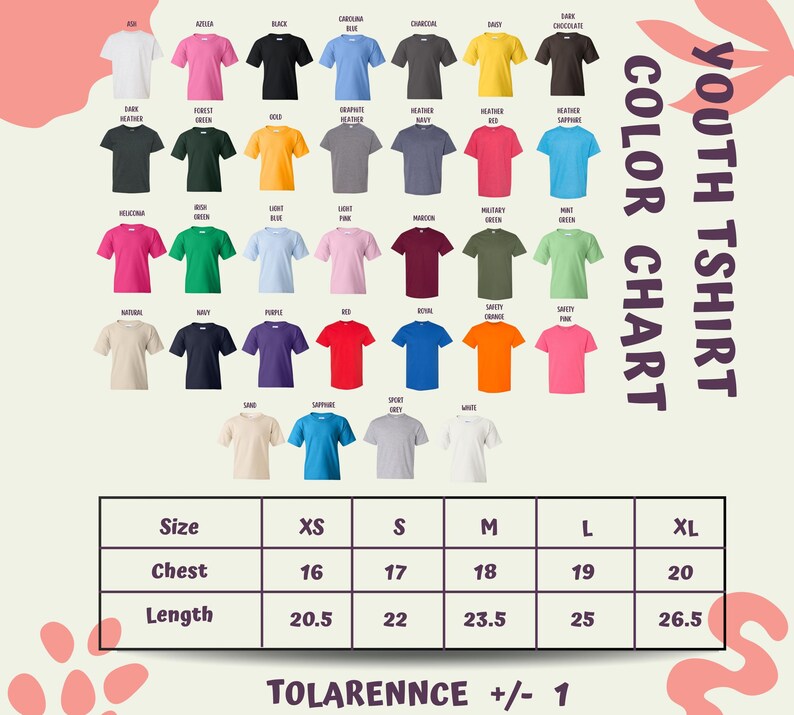 The image is a colorful t-shirt chart displaying various t-shirt designs and sizes, along with a table of size and length measurements.