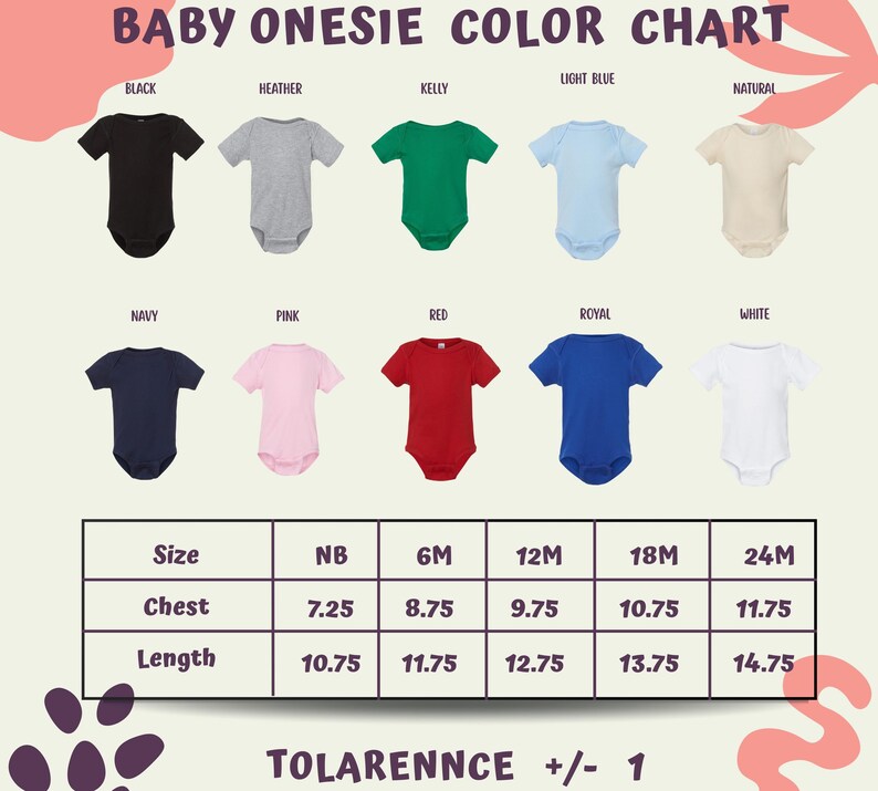 The image is a color chart for baby onesies, displaying various color options and corresponding sizes.
