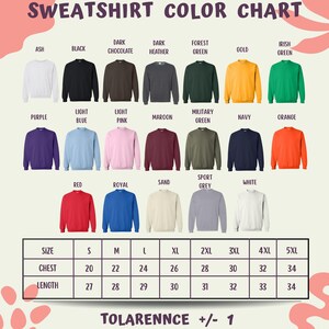 The image is a color chart for sweatshirts, displaying various color options and corresponding sizes.
