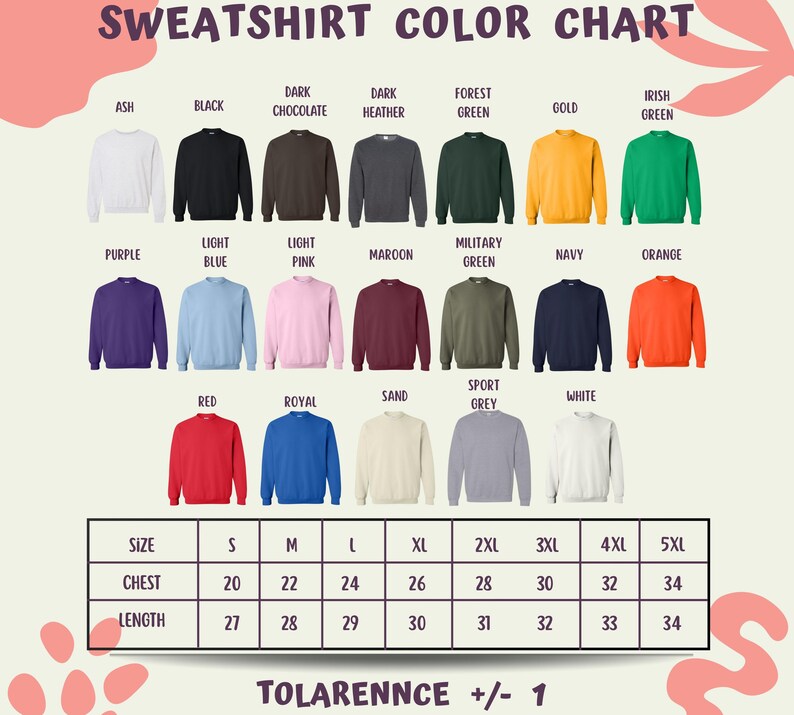 The image is a color chart for sweatshirts, displaying various color options and corresponding sizes.