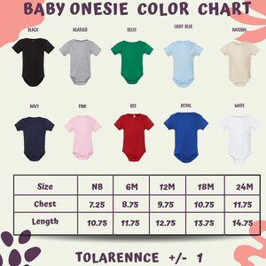 The image is a color chart for baby onesies, displaying various color options and corresponding sizes.