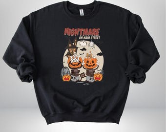 Nightmare On Main Street Sweatshirt, Funny Halloween Hoodie, Skeleton Halloween Sweatshirt, Halloween Horror Gift, Fall Sweatshirt For Women