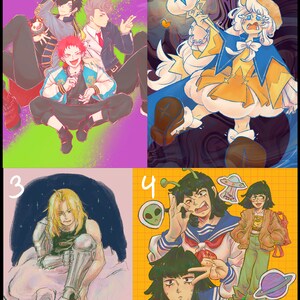 May include: A collage of four digital illustrations featuring different characters. The first image shows three people in a purple and green background. The second image shows a person with white hair and a blue and yellow dress in a swirling background. The third image shows a person with blonde hair and a silver arm in a blue and white starry background. The fourth image shows two people with black hair in a yellow and black checkered background.