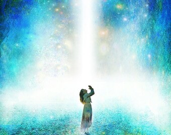 The prayer of the heart, a picture of a girl praying against an abstract background, a special perspective, for teenager's room