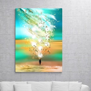 Blessing, a painting of a woman to whom abundance descends from heaven in the form of letters, special Jewish art by Orit Martin