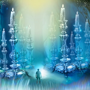 Forest of candles, lighted candlesticks, special picture for home and living room, unique spiritual art by Orit Martin