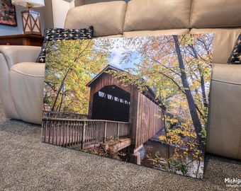 Fall colors at Ada Covered Bridge - Michigan Photography - Premium Gallery Wrapped Canvas - Ready-to-Hang