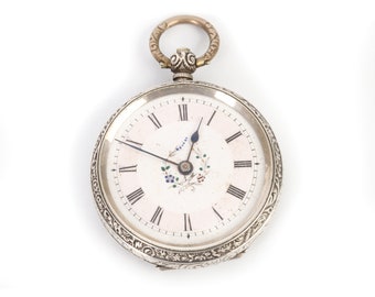 H. 1900 Antike Damen Continental Silber Taschenuhr, Damen Hundekopf Gehäuse Mark Hübsches Pink Hue Gesicht Blumenmotiv 0.800 Reinheit