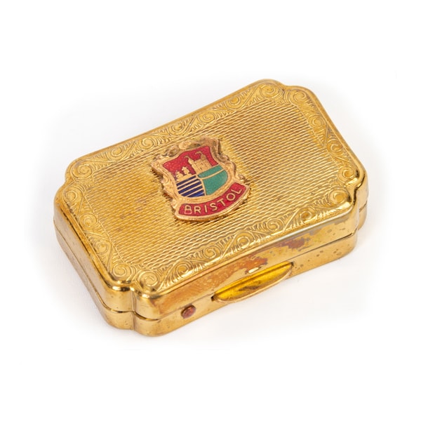 Stratton Pill Box BRISTOL Crest Enameled Badge on Lid 1950's Pocket Case Snuff or Medication Brass Gold Metal Vintage coat of arms