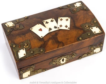Victorian Walnut Playing Card Box with bone cards motif veneer and brass fittings green felt interior poker bridge gambling set chest