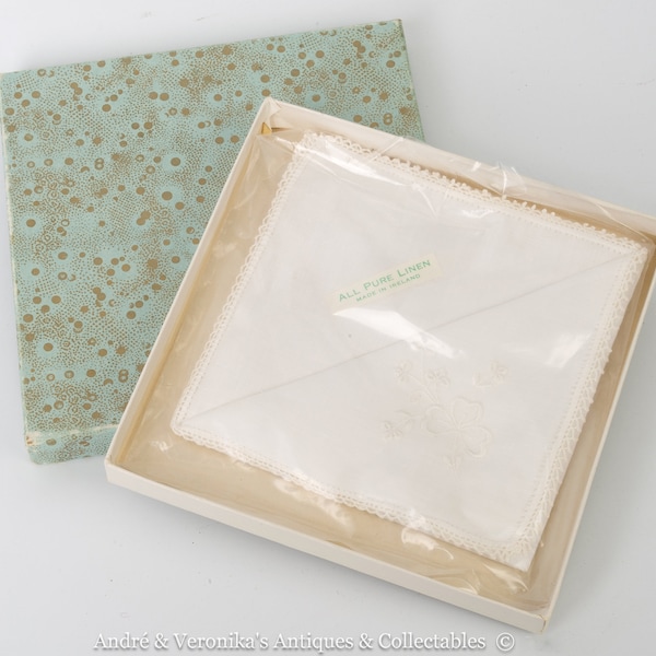 Irish Linen Handkerchief with Shamrock Embroidery Vintage Old Stock boxed as new Ireland Craft Piece