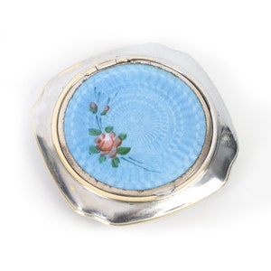Vintage EVANS dames compacte poederkoffer met rouge compartiment blauw guilloche geëmailleerde deksel jaren 1950-1960 verchroomd messing