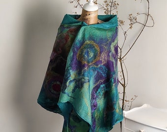 Ready-to-Ship Nuno Felted Highly Textured Large Purple and Green Butterfly Scarf Very Thin Lightweight Shawl, Evening or Meditational Shawl