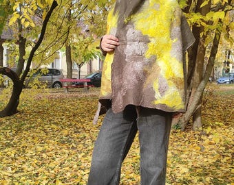 Nuno Felted Merino Wool Shawl: Brown & Yellow Textured Wrap