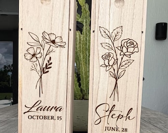 Engraved Birth Month Flower Wine Box, Personalized Wooden Gift, Custom Laser Engraved Birthday Christmas Anniversary Vintage Valentines Gift