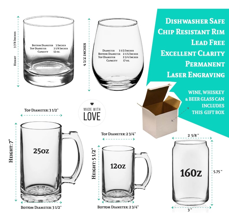 May include: Set of four glass drinking vessels, including a wine glass, a beer mug, a pint glass, and a can-shaped glass. The glasses are all clear and have a variety of sizes. The set comes in a white gift box with the words "Wine, Whiskey & Beer Glass Can Includes This Gift Box" printed on the side. The glasses are dishwasher safe, chip resistant, lead free, and have excellent clarity. The glasses are also permanently laser engraved.