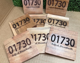 Personalized State Wood Coasters: Engraved City & Zip Code, Set of 4