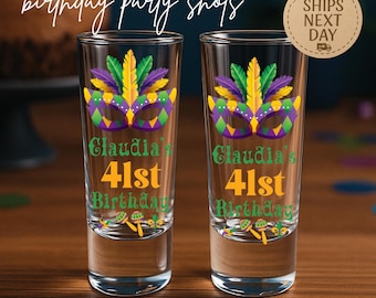 Mardi Gras Birthday Shot Glasses Personalized – New Orleans Theme Party Favors, Custom 40th 50th Carnival Decor