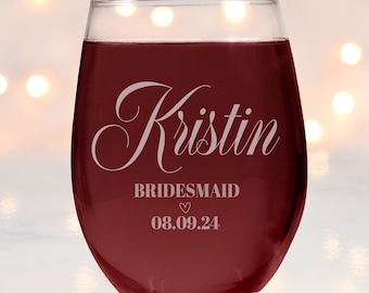 Bridesmaid Stemless Wine Glass Gift Sets, Personalized Maid of Honor Wine Glasses, Custom Stemless Bride and Wedding Party Glasses