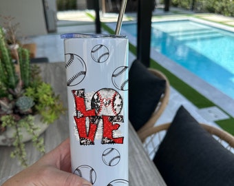 Love Baseball Tumbler, 20oz Skinny Tumbler for Men and Women, Sports Water Cup