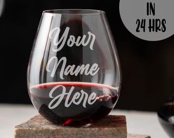 Engraved Stemless Wine Glass, Personalized Name Gift